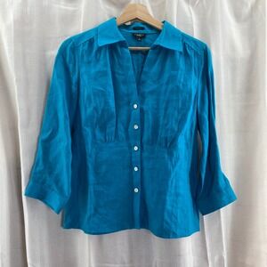 Talbots Pure Irish Linen Teal Blue Button Front‎ 3/4 Sleeve Blouse Top Size 6